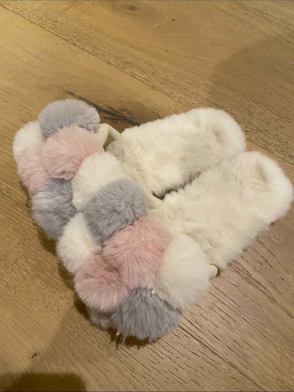 Shiraleah Plush Pom-Pom Slide Slippers in Pink, Gray & Cream